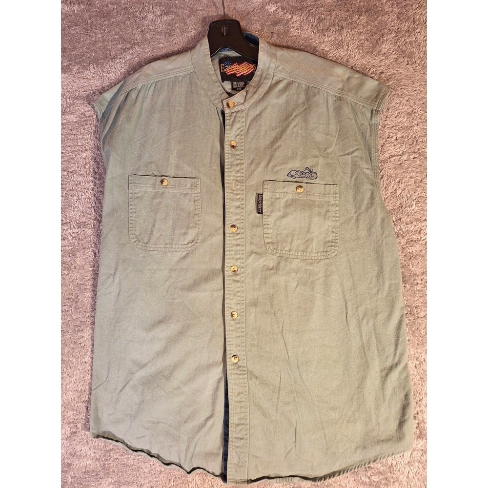 Easyriders Mens Sleeveless Biker Shirt 2XL Green Cotton Denim Collar Motorcycle